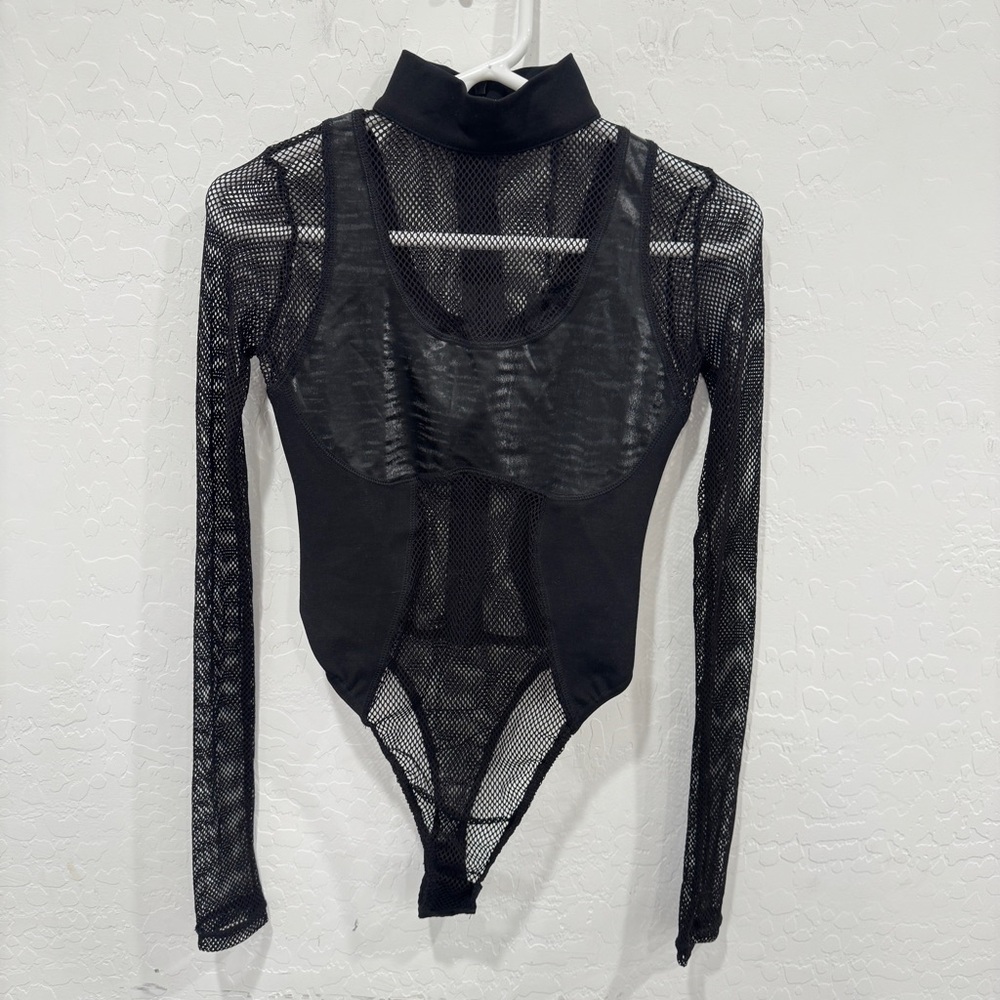 Maniere De Voir Black Mesh Bodysuit Womens European 10 Long Sleeve Festival Goth